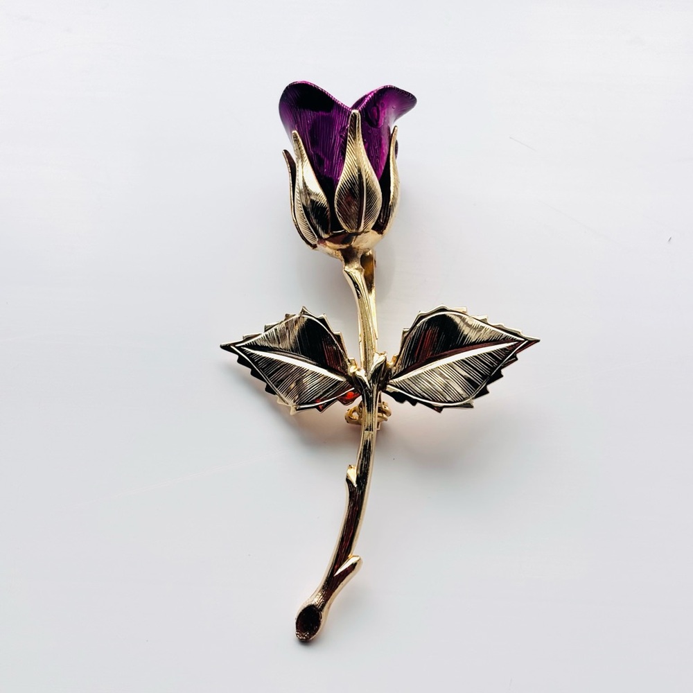 Vintage Gold Tone Purple Enamel Rose Brooch 3”